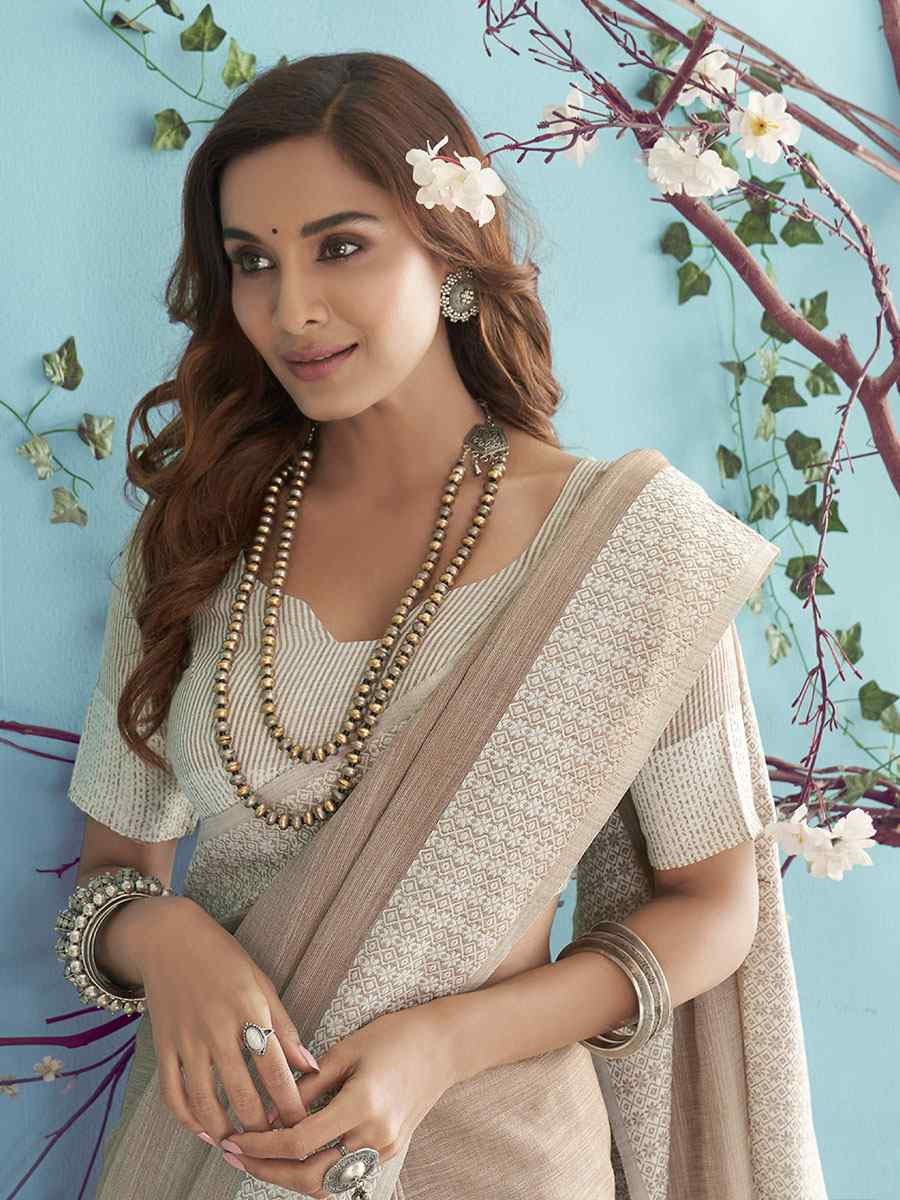 Light Brown Linen Silk Embroidery Festival Wedding Fancy Heavy Border Saree