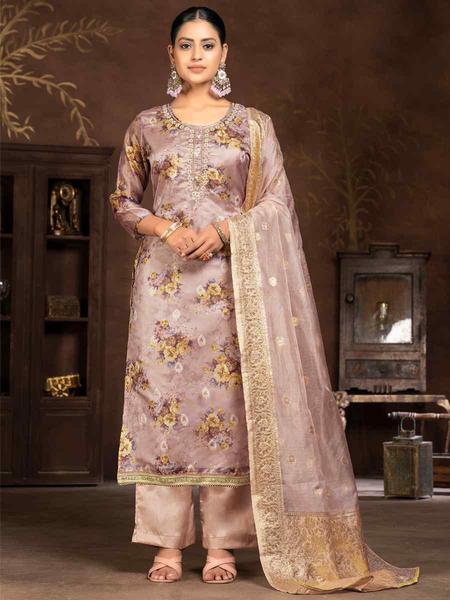 Light Brown Organza Embroidered Casual Festival Pant Salwar Kameez