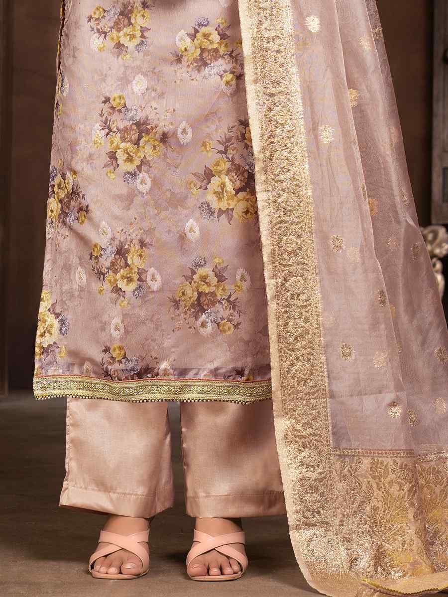 Light Brown Organza Embroidered Casual Festival Pant Salwar Kameez