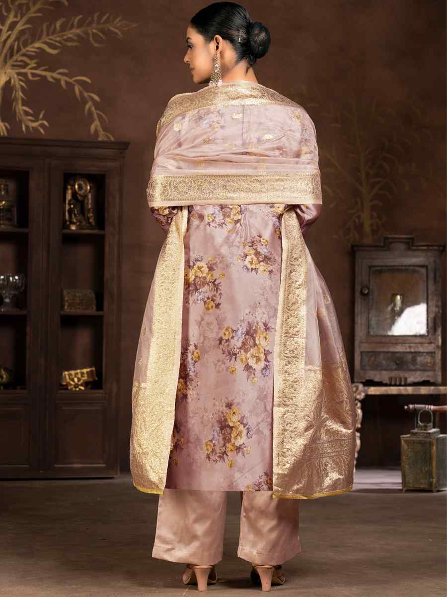 Light Brown Organza Embroidered Casual Festival Pant Salwar Kameez