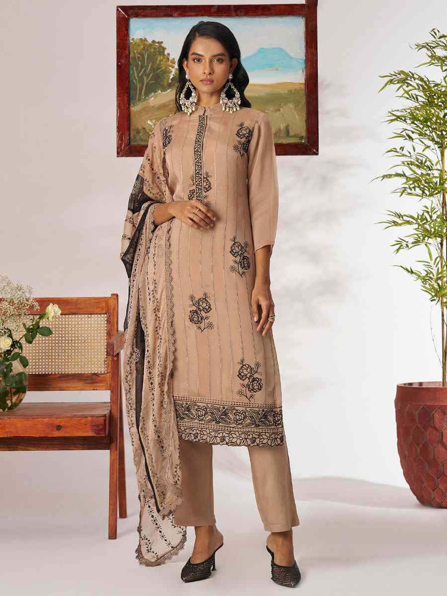 Light Brown Pure Organza Embroidery Party Wedding Festival Casual Ready Pant Salwar Kameez