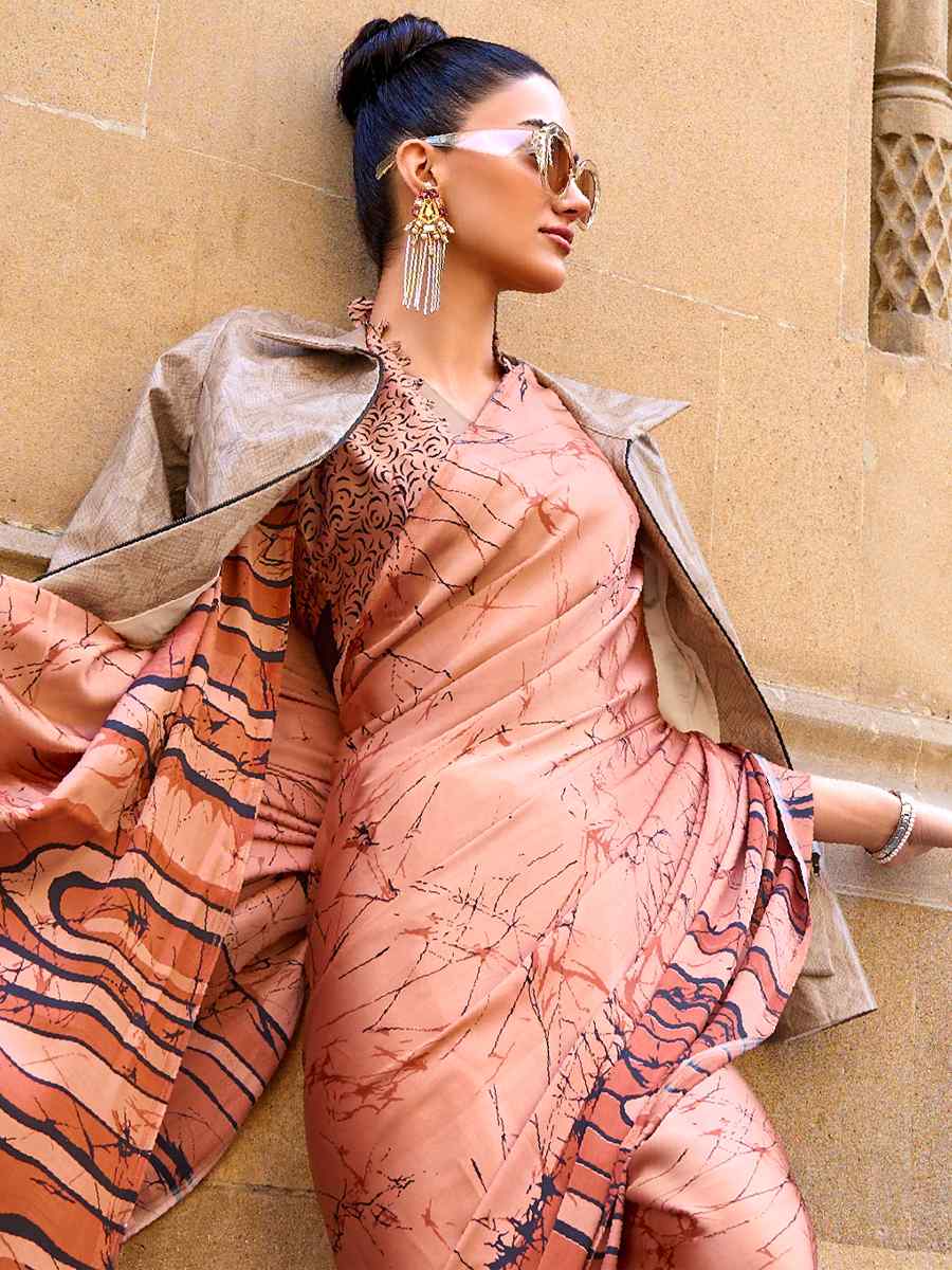 Light Brown Satin Crepe Printed Casual Festival Contemporary Saree