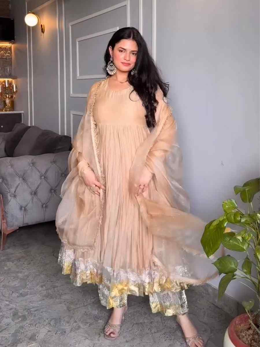 Light Brown Star Georgette Embroidered Festival Casual Ready Pakistani Salwar Kameez