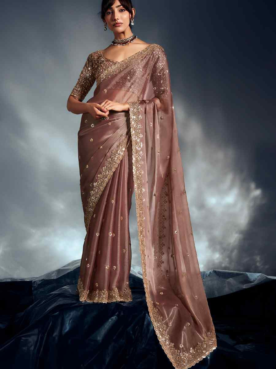 Light Brown Tissue Organza Silk Embroidery Bridal Cocktail Party Reception Wedding Wear Heavy Border Sarees
