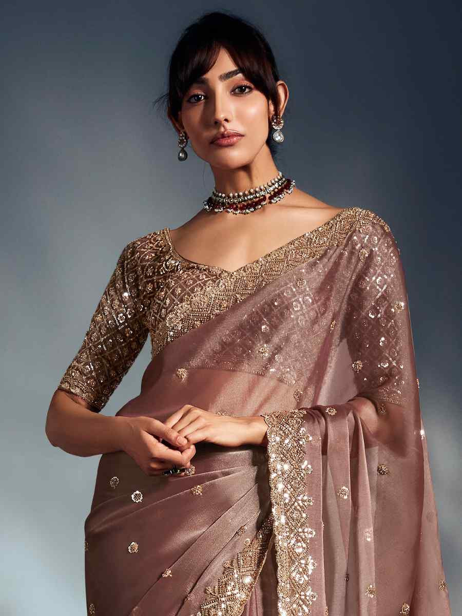 Light Brown Tissue Organza Silk Embroidery Bridal Cocktail Party Reception Wedding Wear Heavy Border Sarees