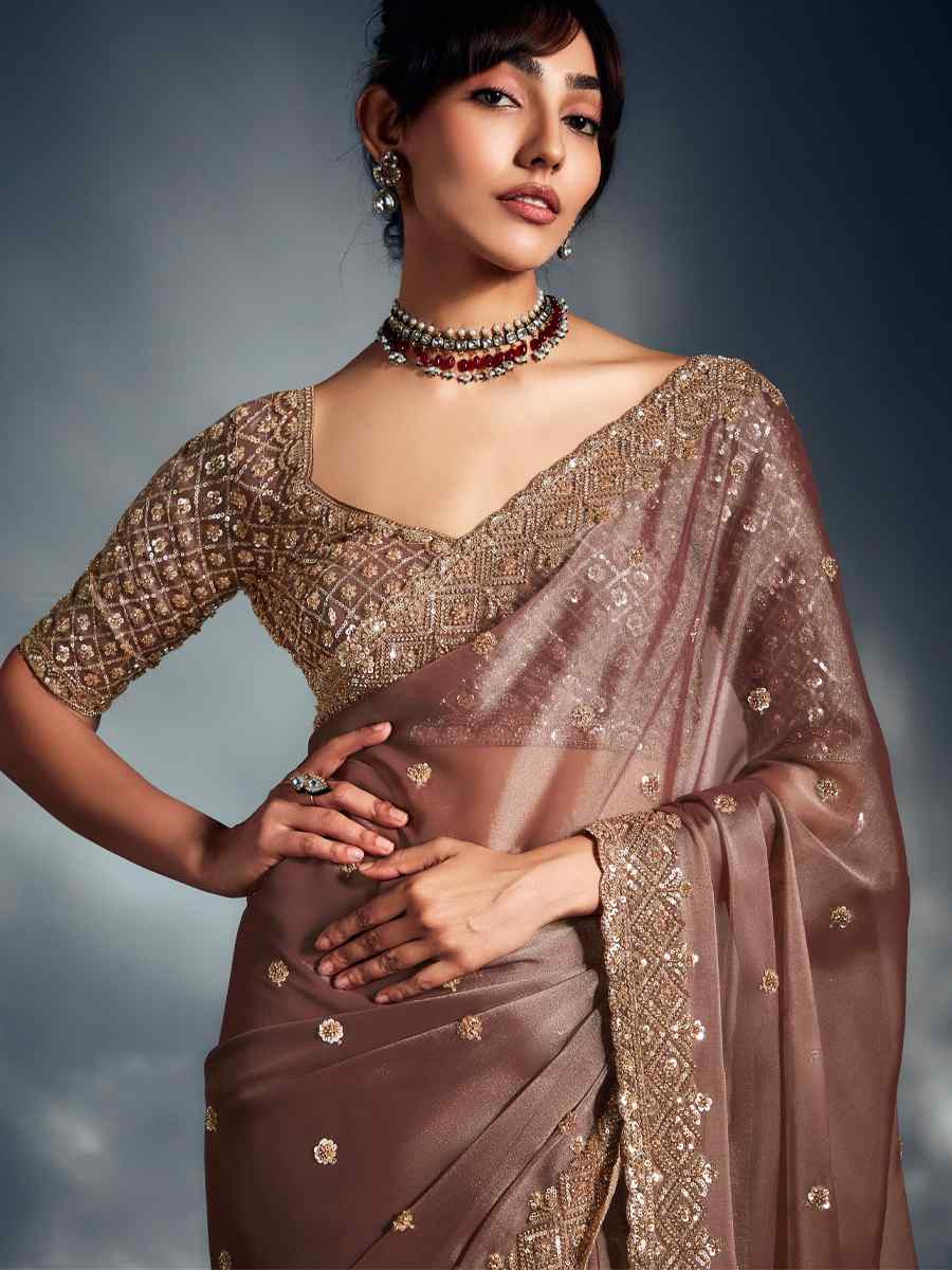 Light Brown Tissue Organza Silk Embroidery Bridal Cocktail Party Reception Wedding Wear Heavy Border Sarees