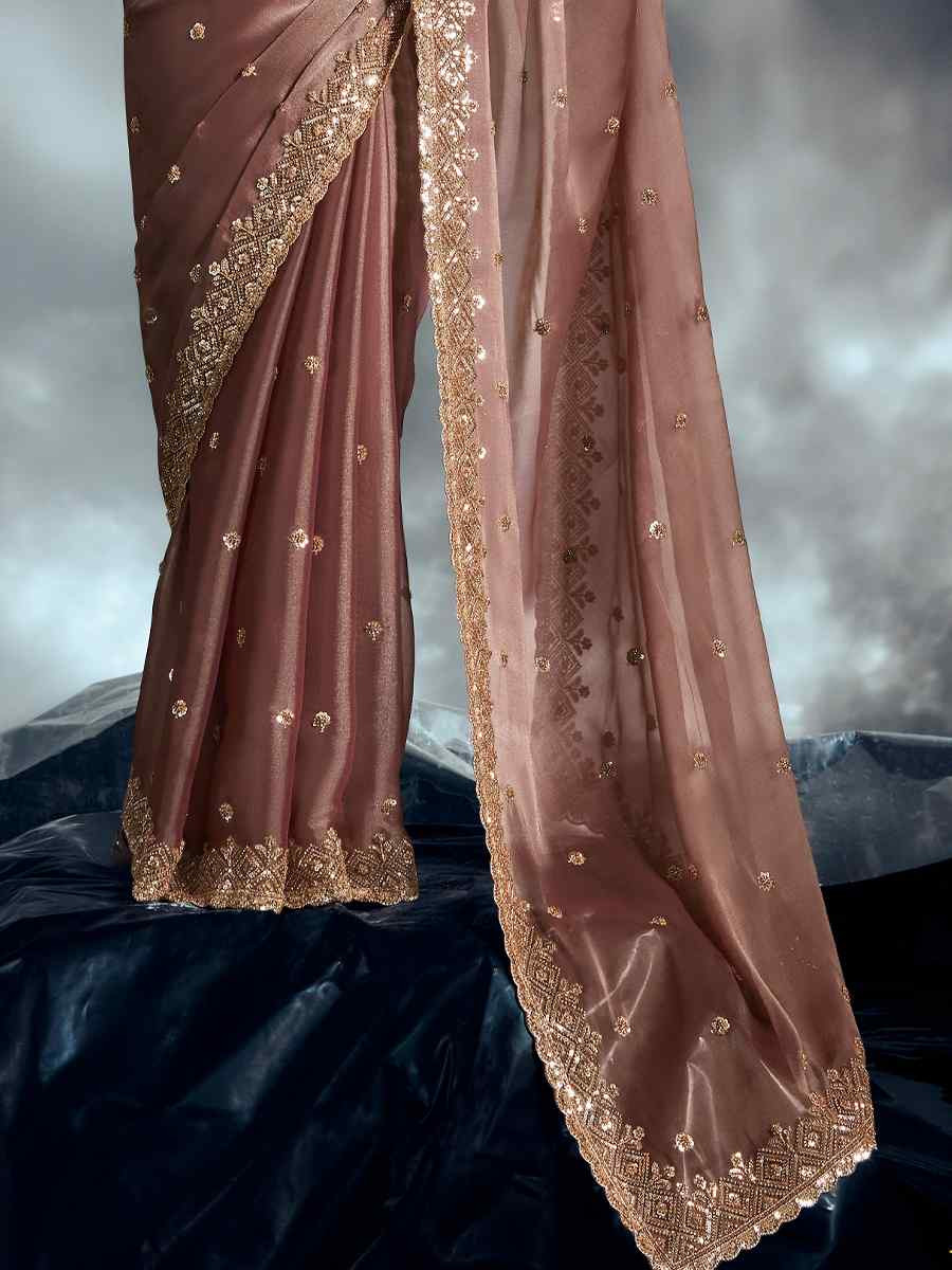 Light Brown Tissue Organza Silk Embroidery Bridal Cocktail Party Reception Wedding Wear Heavy Border Sarees