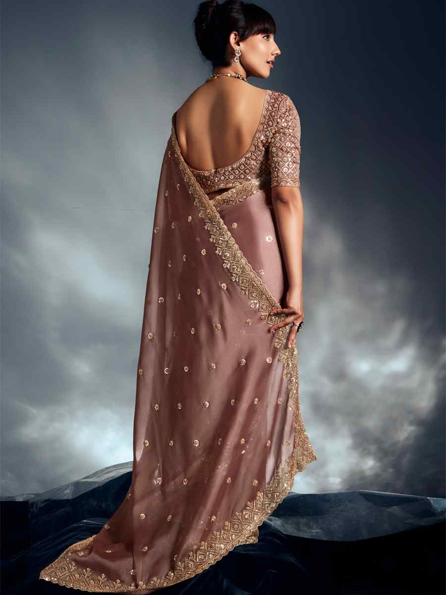 Light Brown Tissue Organza Silk Embroidery Bridal Cocktail Party Reception Wedding Wear Heavy Border Sarees