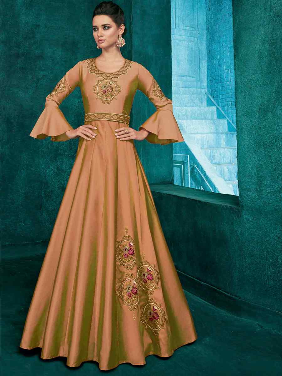 Light Brown Triva Silk Embroidered Party Festival Gown