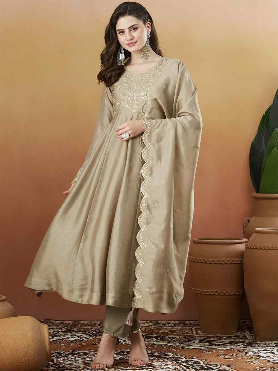 Light Brown Vichitra Silk Embroidery Party Wedding Festival Casual Ready Anarkali Pant Salwar Kameez