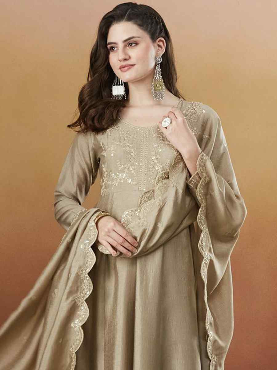 Light Brown Vichitra Silk Embroidery Party Wedding Festival Casual Ready Anarkali Pant Salwar Kameez