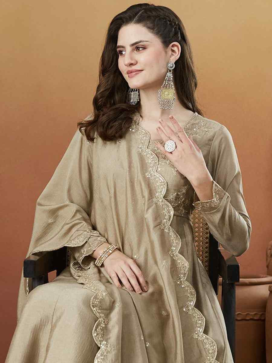 Light Brown Vichitra Silk Embroidery Party Wedding Festival Casual Ready Anarkali Pant Salwar Kameez