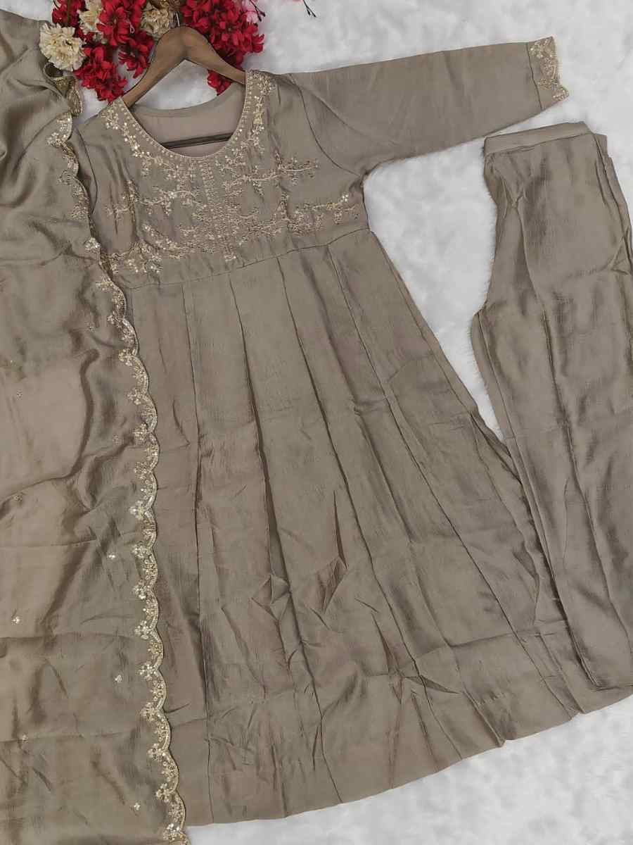Light Brown Vichitra Silk Embroidery Party Wedding Festival Casual Ready Anarkali Pant Salwar Kameez