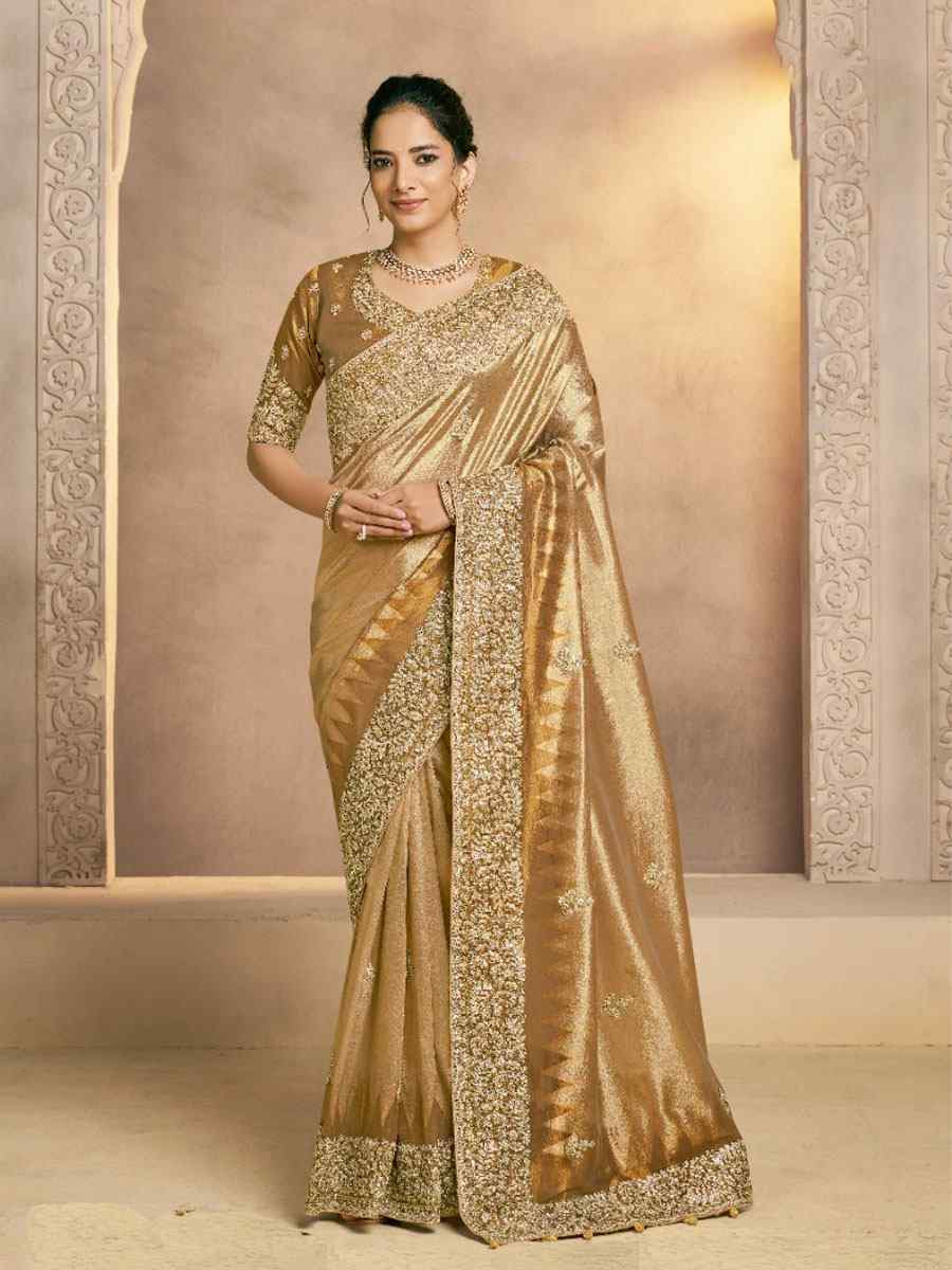 Light Chiku Weaved Zari Kora Silk Embroidery Bridal Reception Party Festival Wedding Fancy Heavy Border Sarees