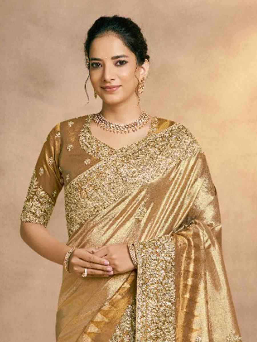 Light Chiku Weaved Zari Kora Silk Embroidery Bridal Reception Party Festival Wedding Fancy Heavy Border Sarees