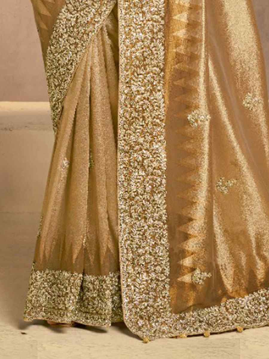 Light Chiku Weaved Zari Kora Silk Embroidery Bridal Reception Party Festival Wedding Fancy Heavy Border Sarees