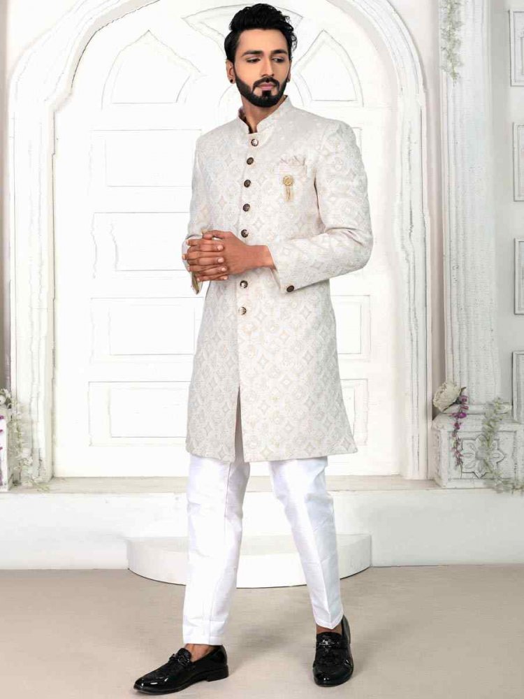 Light Cream Jacquard Embroidered Wedding Groom Sherwani