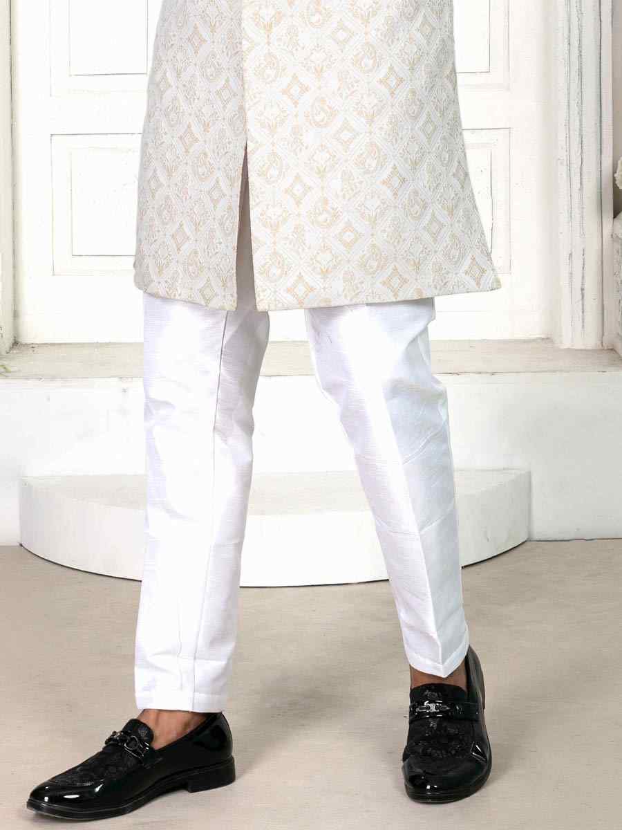 Light Cream Jacquard Embroidered Wedding Groom Sherwani