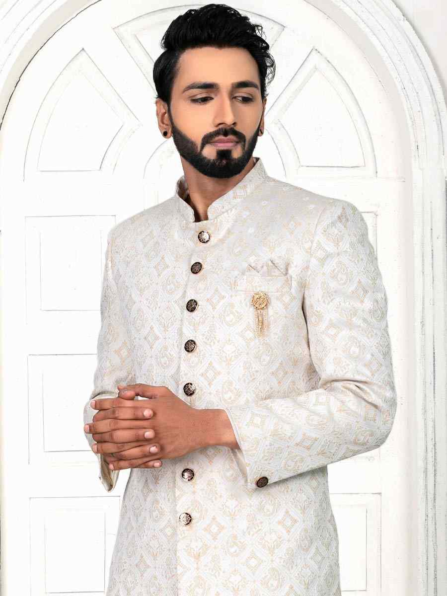 Light Cream Jacquard Embroidered Wedding Groom Sherwani