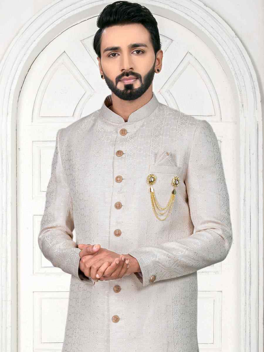 Light Cream Jacquard Embroidered Wedding Groom Sherwani