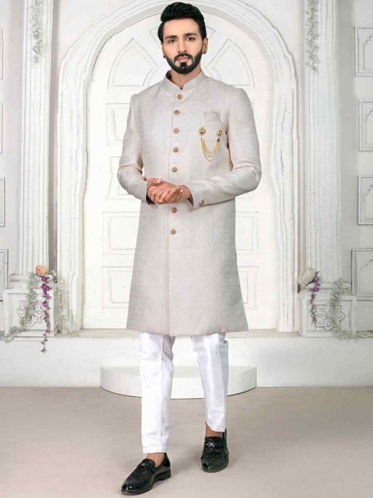 Light Cream Jacquard Embroidered Wedding Groom Sherwani