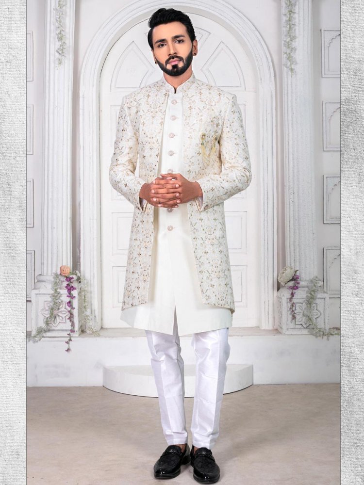 Light Cream Silk Embroidered Wedding Groom Sherwani