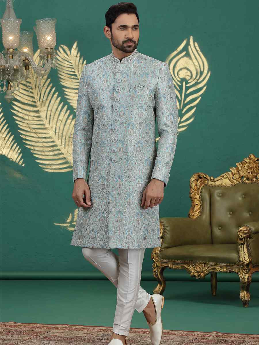 Light Firozi Green Art Silk Embroidered Festival Wedding Mens Sherwani