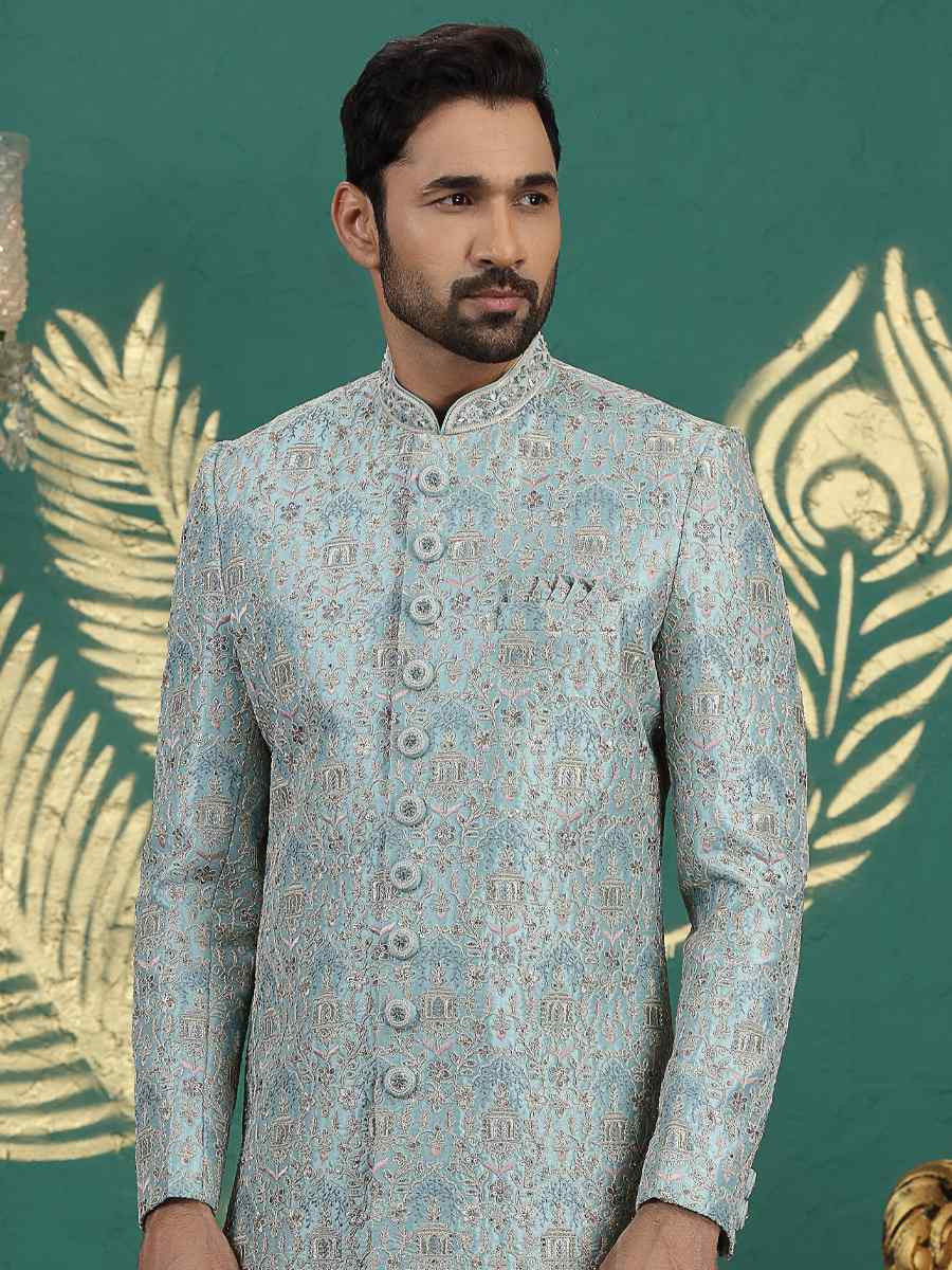Light Firozi Green Art Silk Embroidered Festival Wedding Mens Sherwani
