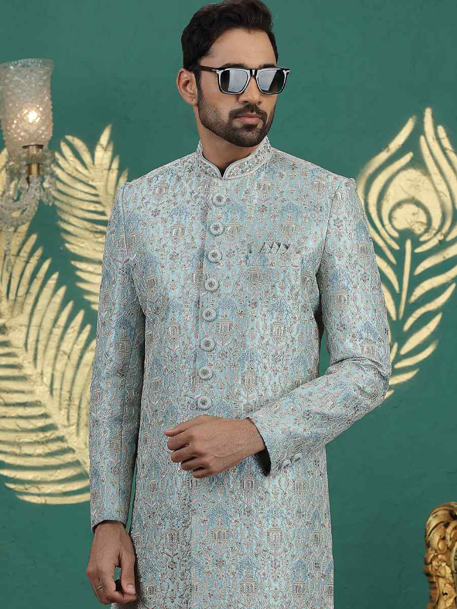 Light Firozi Green Art Silk Embroidered Festival Wedding Mens Sherwani