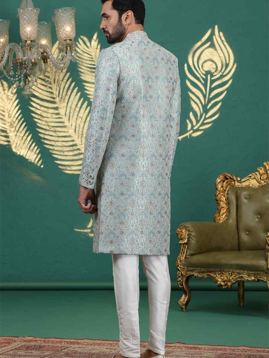 Light Firozi Green Art Silk Embroidered Festival Wedding Mens Sherwani