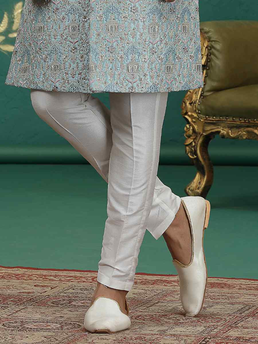 Light Firozi Green Art Silk Embroidered Festival Wedding Mens Sherwani