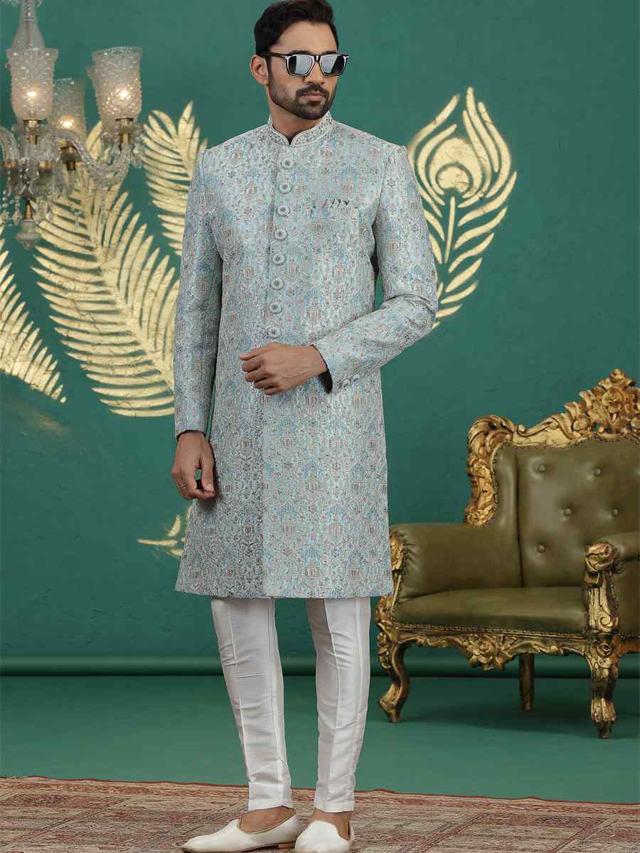 Light Firozi Green Art Silk Embroidered Festival Wedding Mens Sherwani