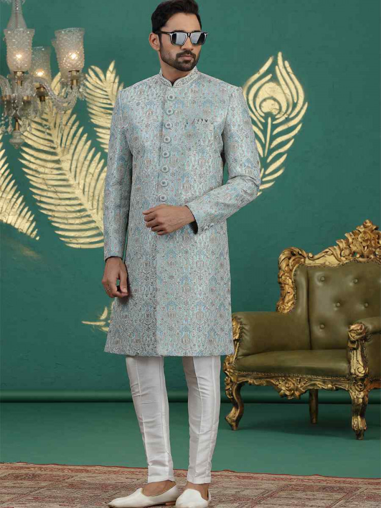Image of Light Firozi Green Art Silk Embroidered Festival Wedding Mens Sherwani
