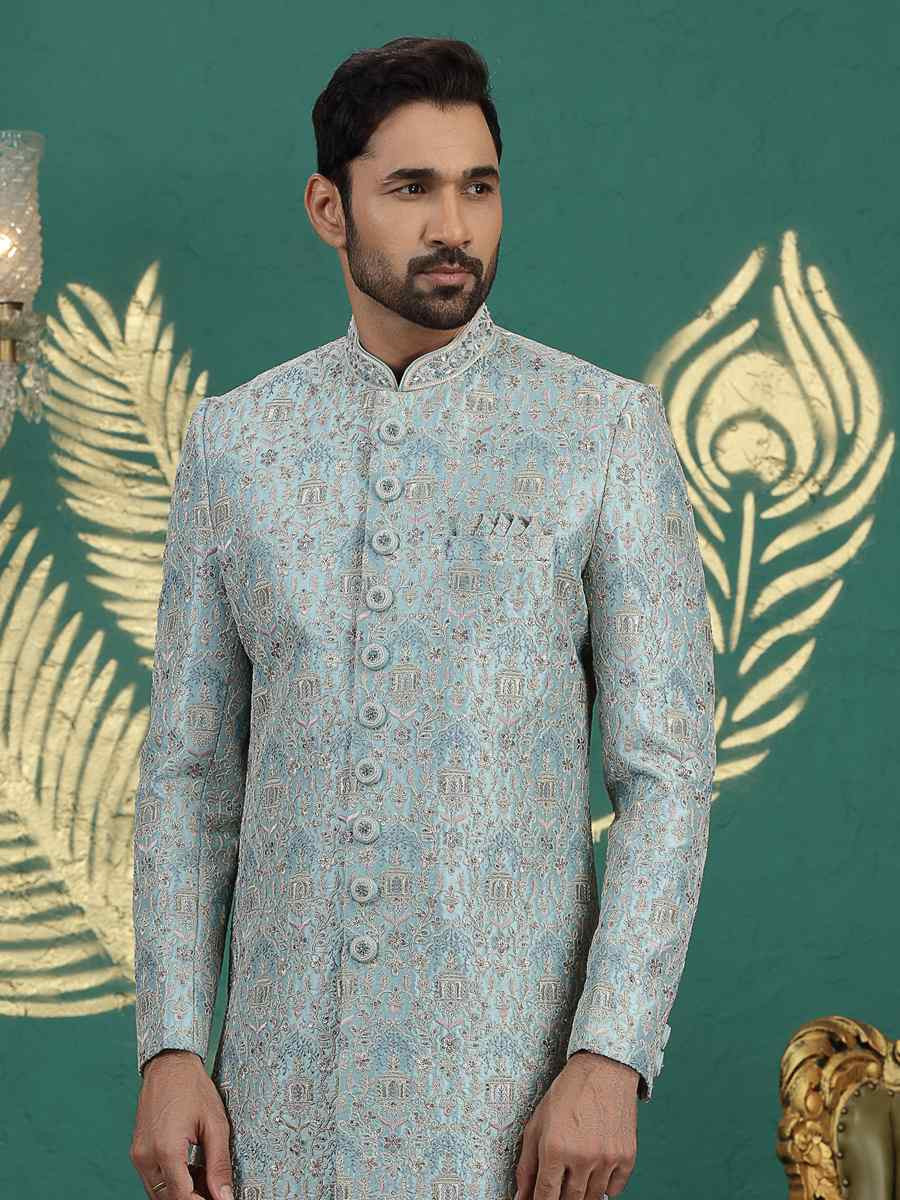 Light Firozi Green Art Silk Embroidered Festival Wedding Mens Sherwani