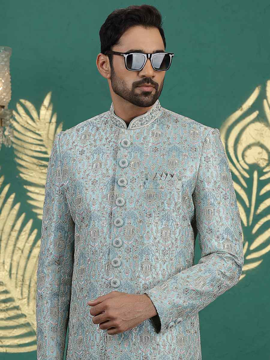 Light Firozi Green Art Silk Embroidered Festival Wedding Mens Sherwani