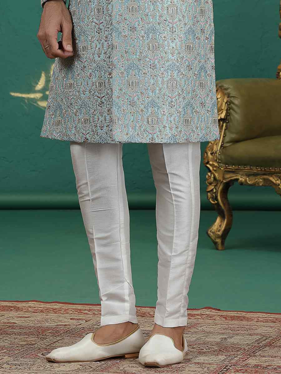 Light Firozi Green Art Silk Embroidered Festival Wedding Mens Sherwani