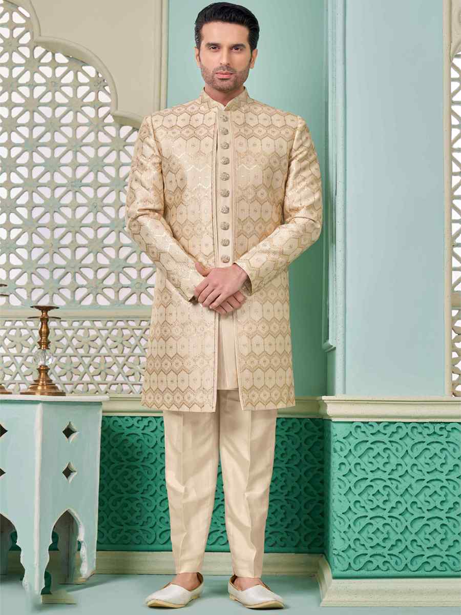 Light Gold Art Banarasi Silk Embroidered Festival Wedding Sherwani