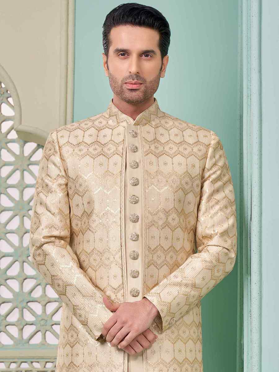 Light Gold Art Banarasi Silk Embroidered Festival Wedding Sherwani