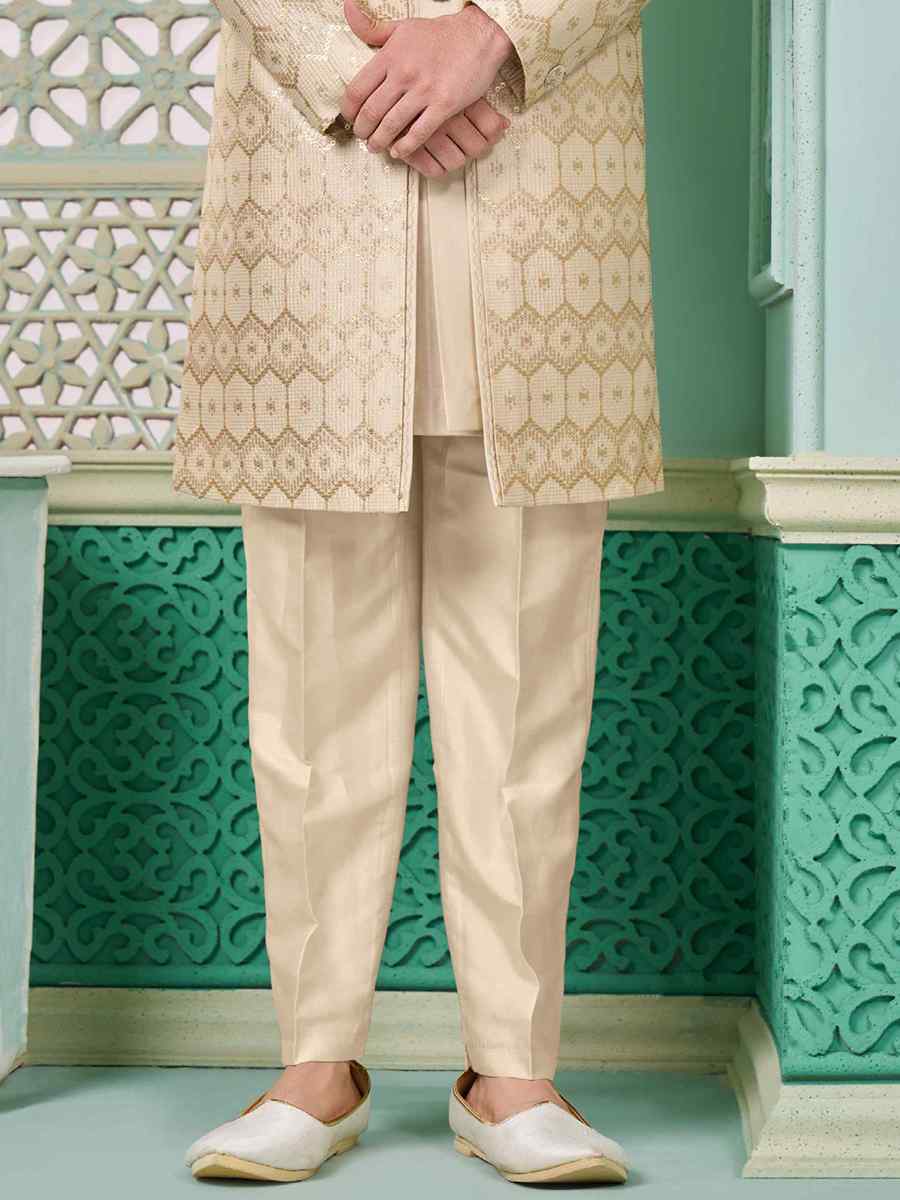 Light Gold Art Banarasi Silk Embroidered Festival Wedding Sherwani