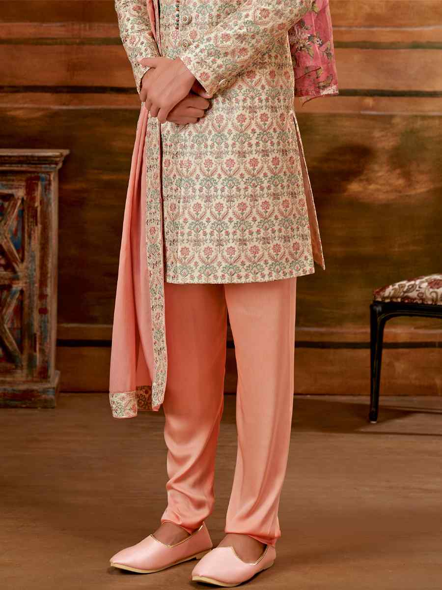 Light Gold Art Silk Embroidered Wedding Groom Sherwani