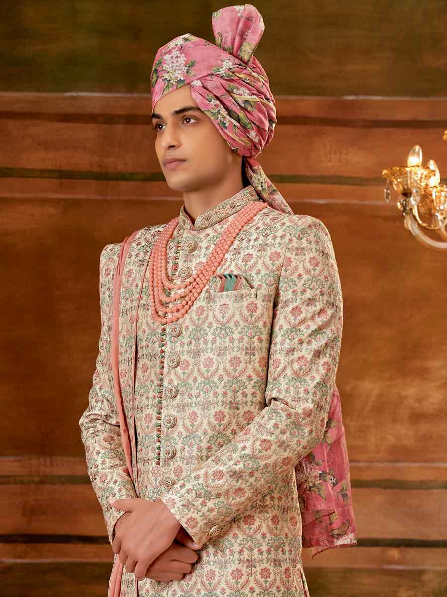 Light Gold Art Silk Embroidered Wedding Groom Sherwani