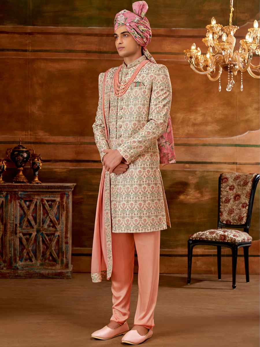 Light Gold Art Silk Embroidered Wedding Groom Sherwani