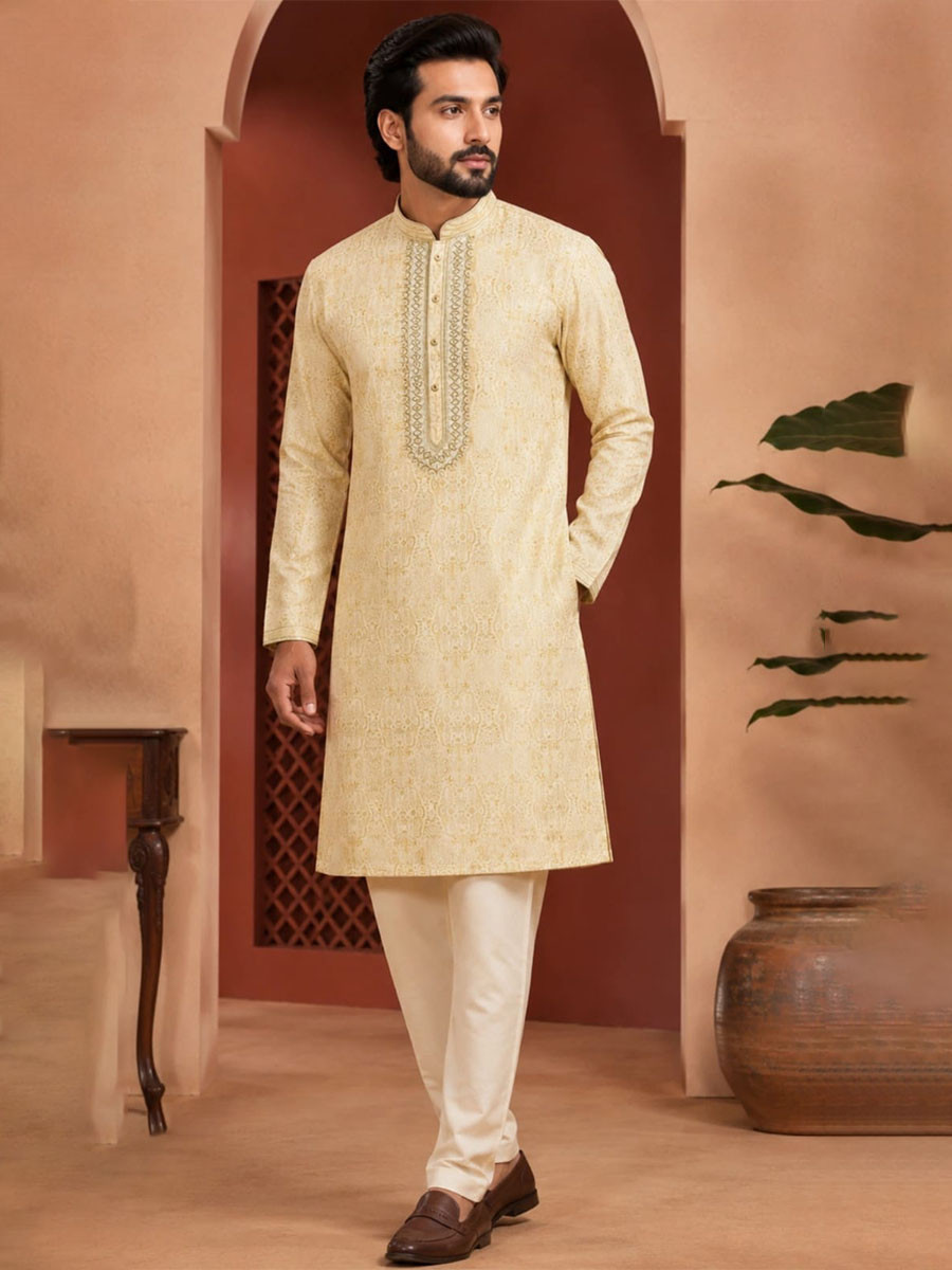 Light Gold Art Silk Embroidery Printed Wedding Party Festival Casual Mens Wear Kurta