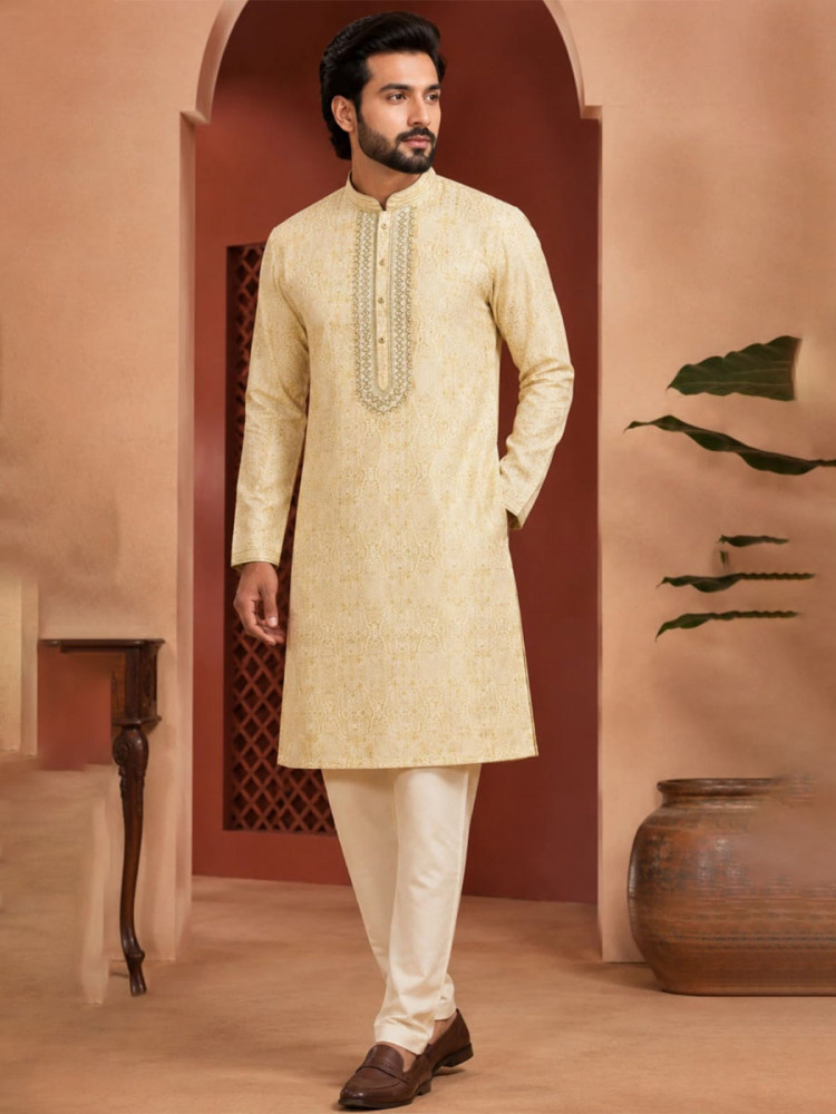 Image of Light Gold Art Silk Embroidery Printed Wedding Party Festival Casual Mens Wear Kurta