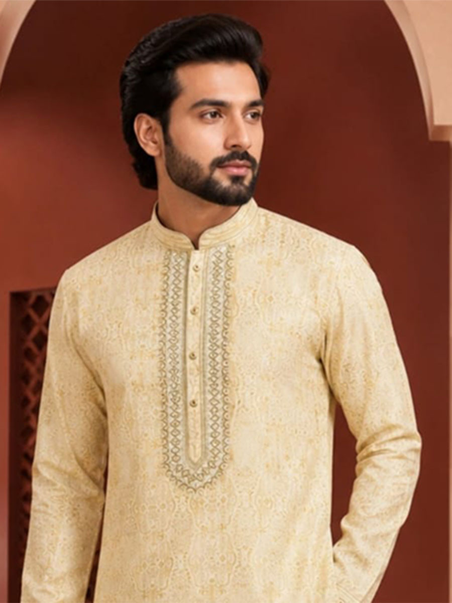 Light Gold Art Silk Embroidery Printed Wedding Party Festival Casual Mens Wear Kurta