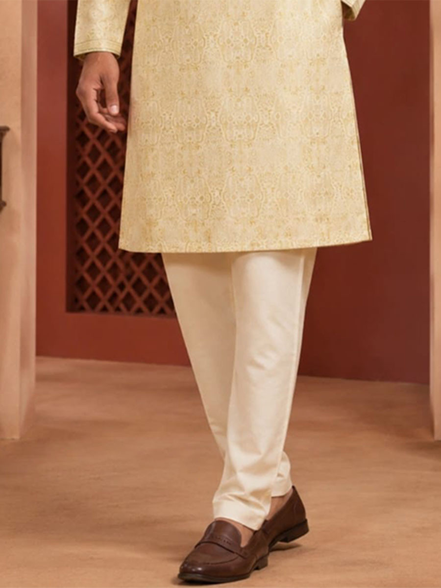 Light Gold Art Silk Embroidery Printed Wedding Party Festival Casual Mens Wear Kurta