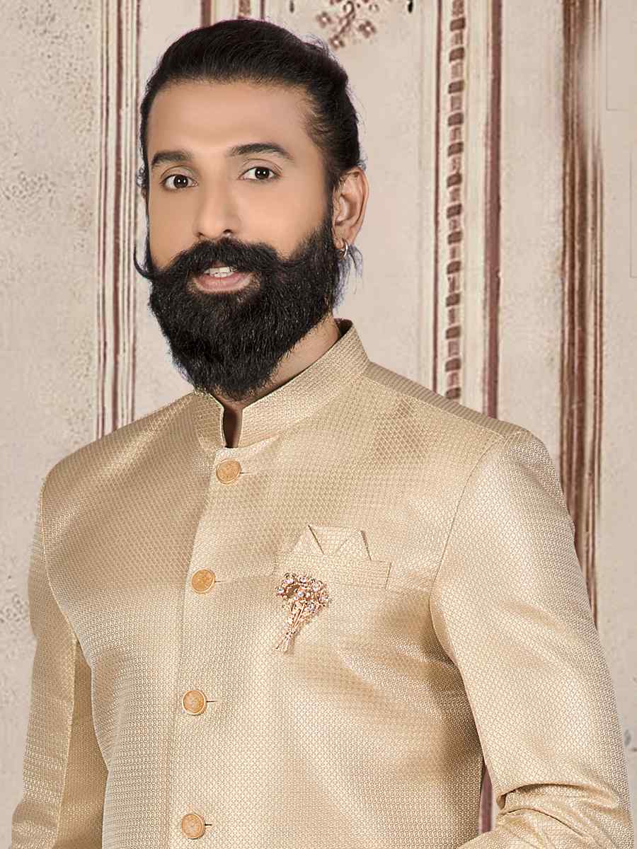 Light Gold Brocade Woven Festival Wedding Sherwani Kurta