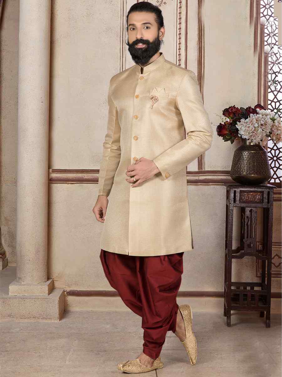 Light Gold Brocade Woven Festival Wedding Sherwani Kurta