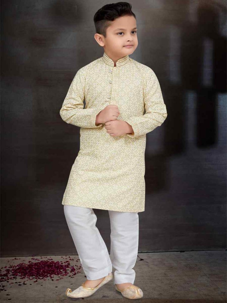 Light Gold Cotton Printed Festival Traditional Kurta Pyjama Boys Wear