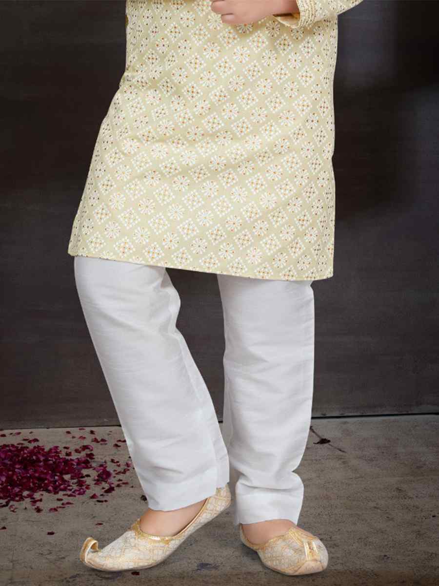 Light Gold Cotton Printed Festival Traditional Kurta Pyjama Boys Wear